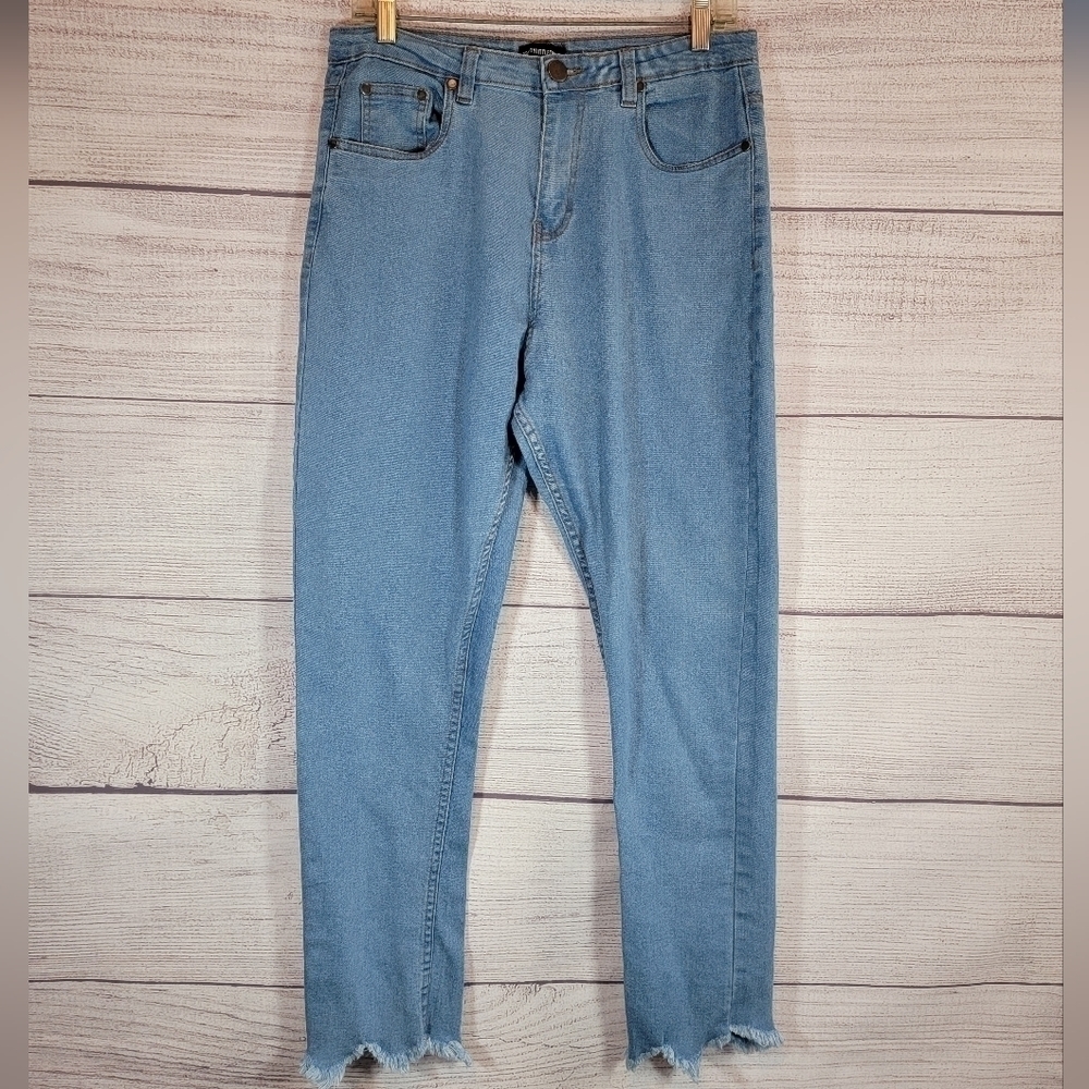 𝅺PRETTYLITTLETHING High Waist Frayed Hem Jeans Blue Size 14
